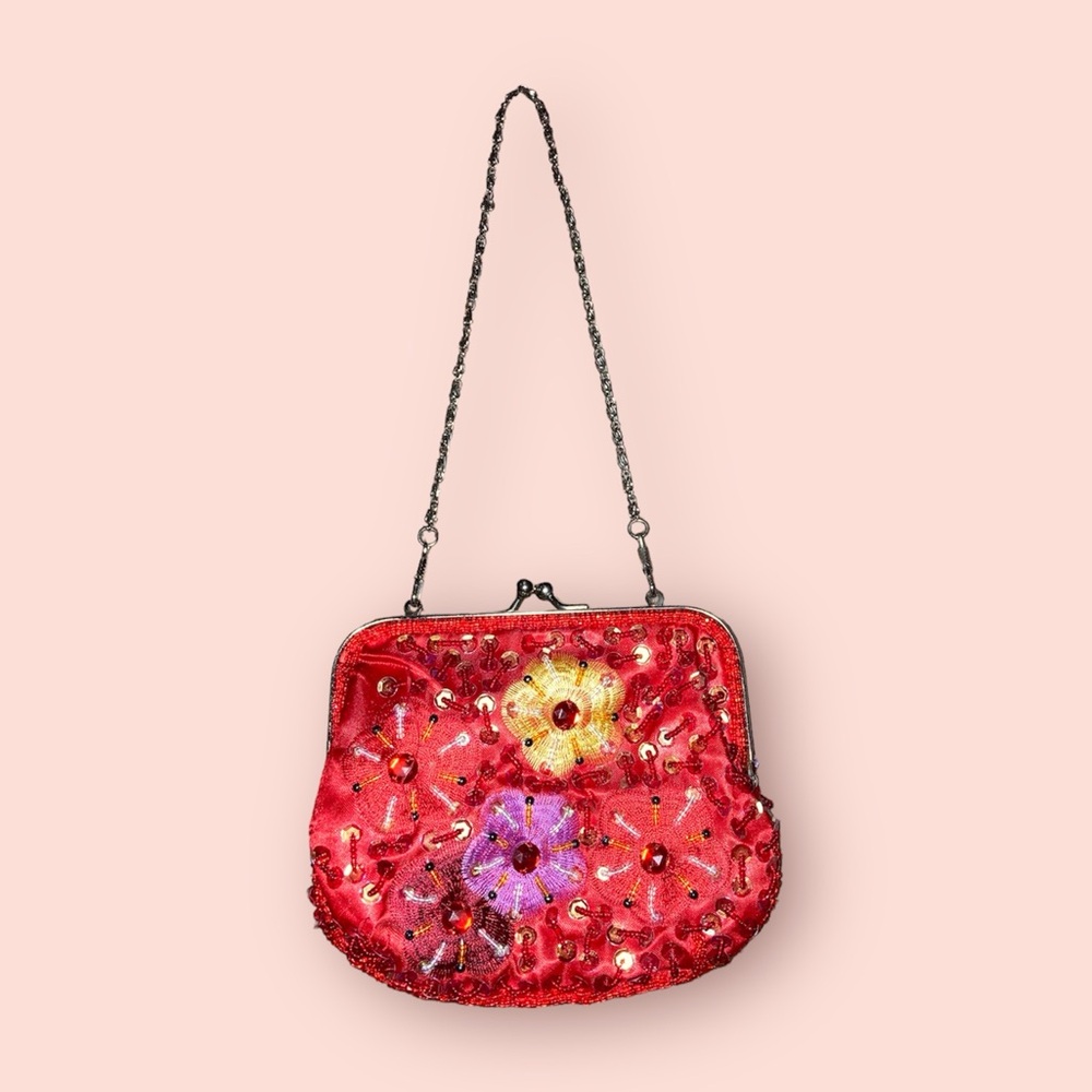 Red Beaded Floral Clutch Purse